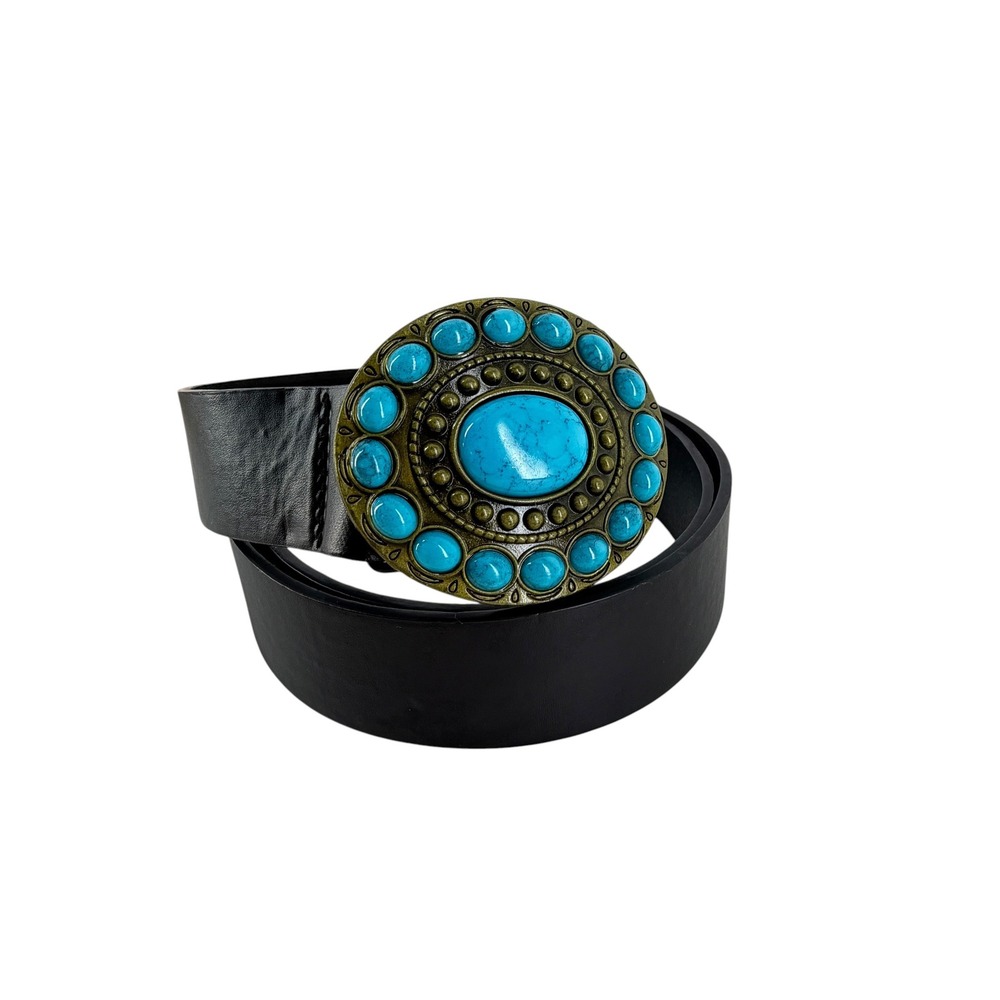 Western Oval Faux Turquoise Buckle Womens M Black Faux Leather Belt Boho Country